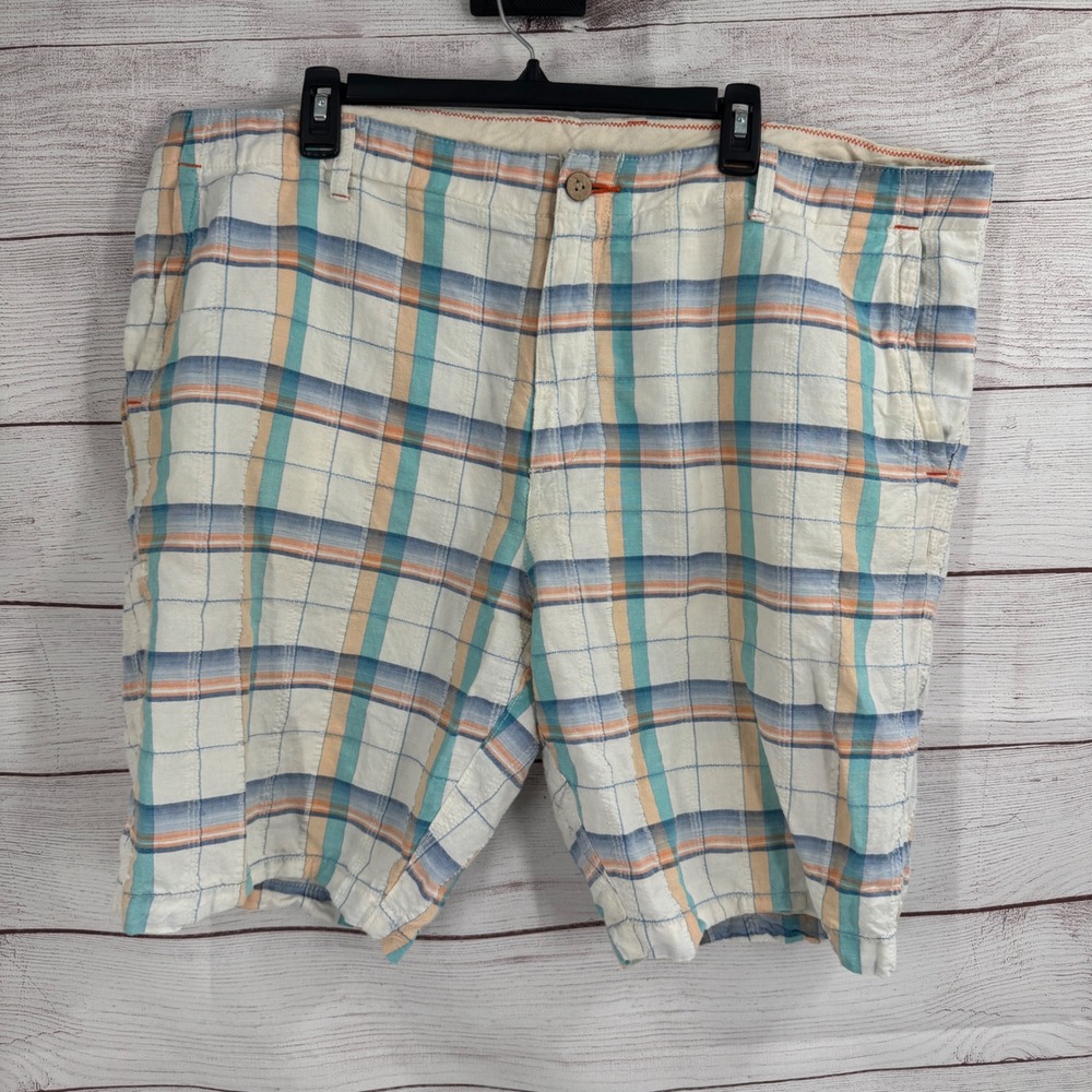 Tommy Bahama Relax Plaid Shorts Mens 42 Beige Linen Cotton Blend Casual Vacation